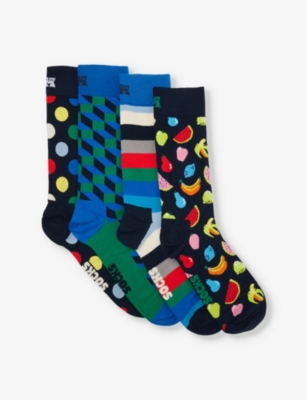 Happy Socks Mens Graphic-patten Ankle-length Stretch Cotton Blend Socks Pack Of Four Navy In Navy