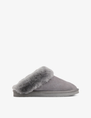 Whistles Womens Grey Emilia Sheepskin-cuff Suede Slippers