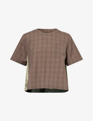 SACAI WOMENS BROWN CHECK CHECK-PATTERN CONTRAST-PANEL WOOL AND SILK-BLEND TOP 